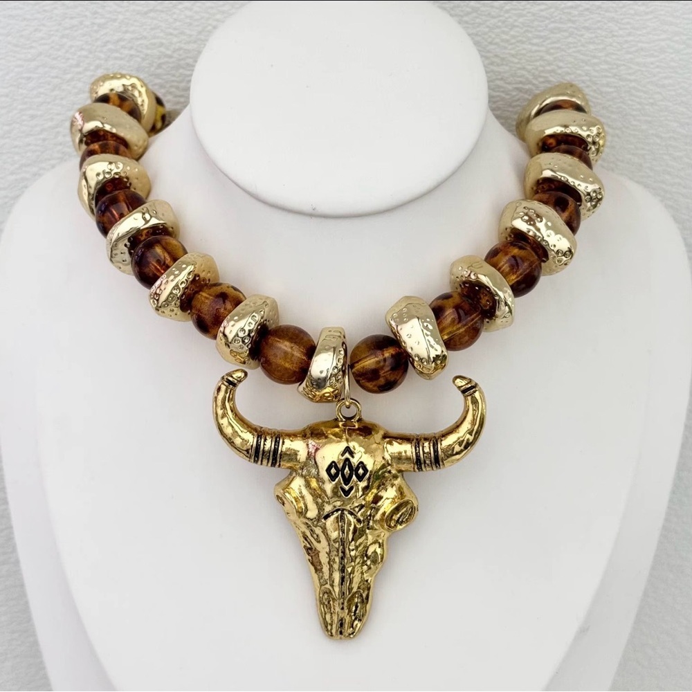 Gold and Brown Bull Pendant Necklace